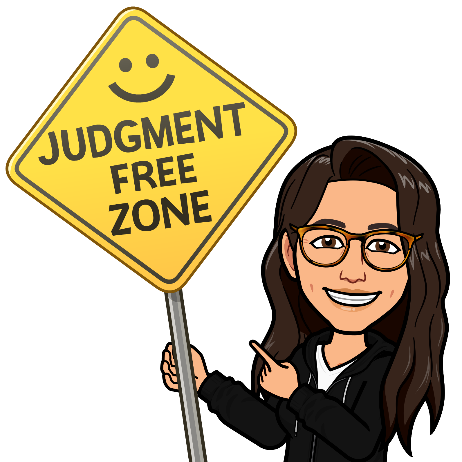 Cara bitmoji holding a Judgment Free Zone sign