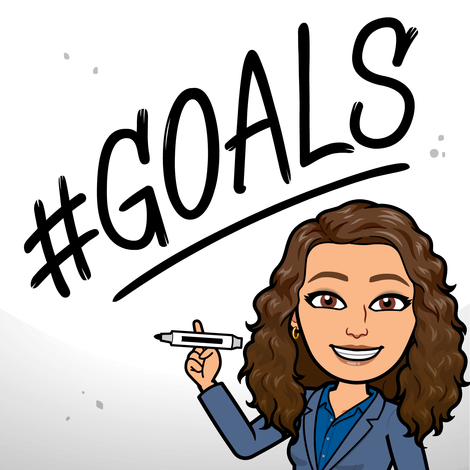 Bitmoji of Diana holding a whiteboard marker underneath the word "#GOALS"