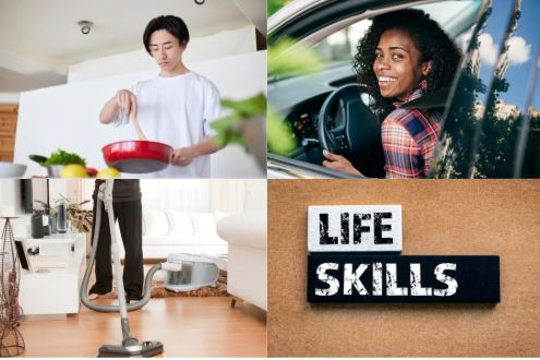 man cooking, woman excersising, man cleaning