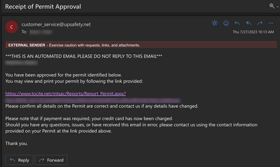 Step 14: Check email for receipt of permit approval
