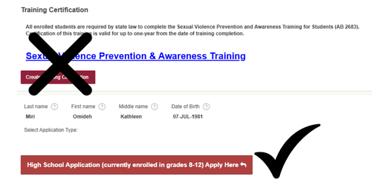 Main page of SCE App with options, including "High School Application"