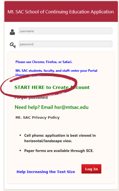 Front page of SCE App showing account creation location