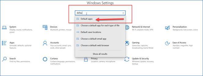 Screenshot showing the Windows Settings Menu with Default Apps typed in and highlighted