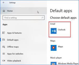 Screenshot showing the Default applications menu with the email app and Outlook highlighted
