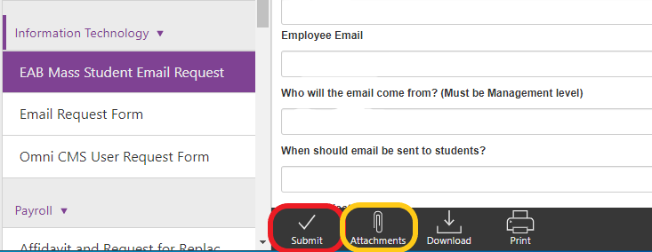 Etrieve form with the submit and attachments button highlighted
