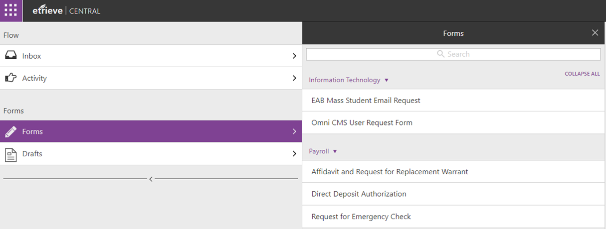 Screenshot of the Forms button selected