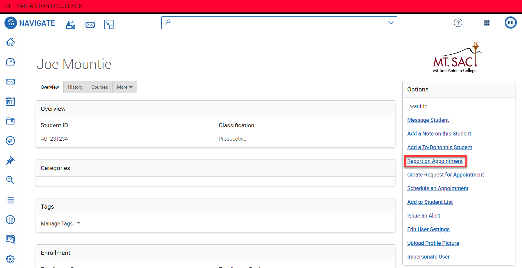 Screenshot of Navigate dashboard the Joe Mountie profile page open and the Report on Appointment link highlighted.