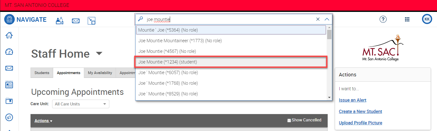 Screenshot of Navigate dashboard with the quick search open and Joe Mountie's name highlighted.