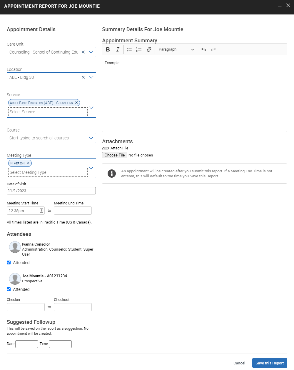 Screenshot of a filled out Appointment Summary in Navigate.