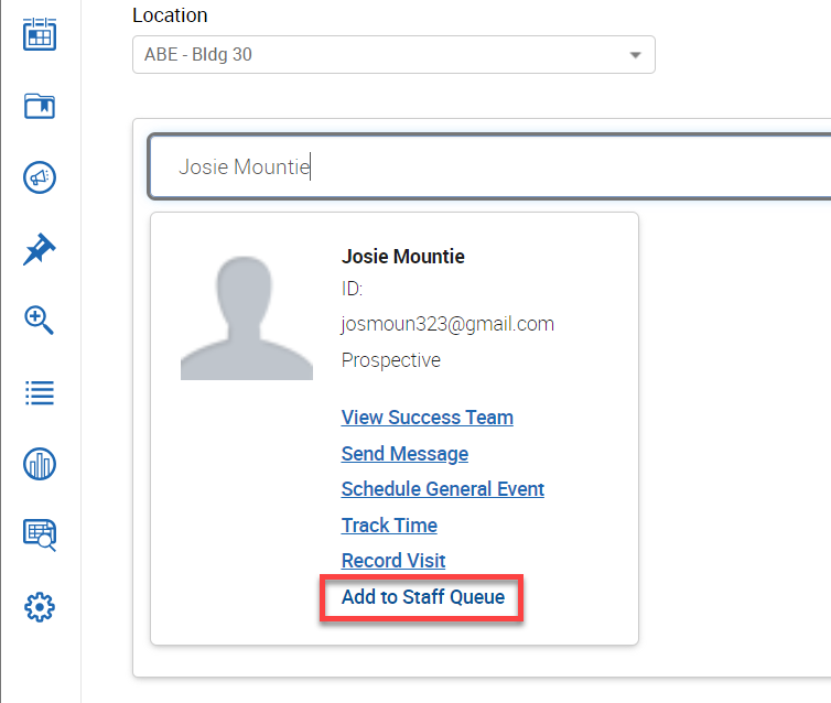 Screenshot of the selected student info menu with the Add to Staff Queue link highlighted