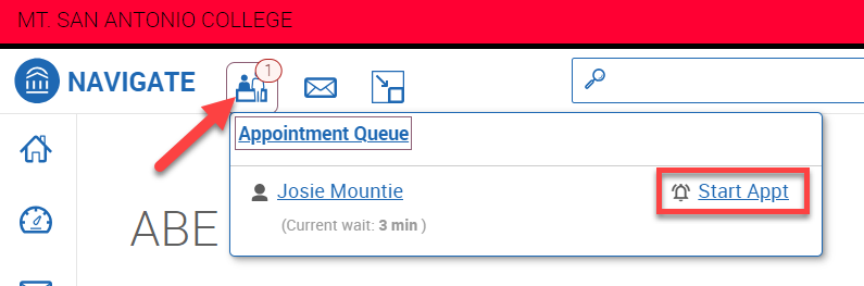 Screenshot of the queue icon menu, and the Start Appt link highlighted