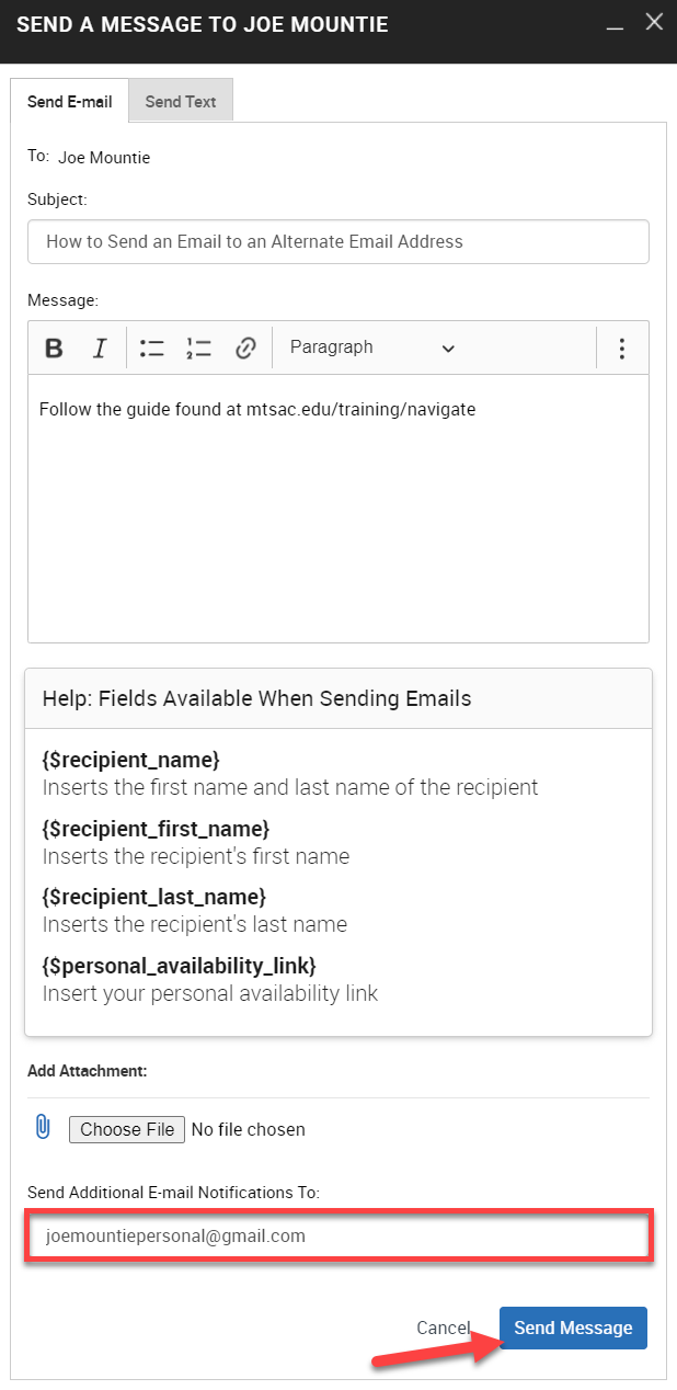 Screenshot of the Send a Message menu in Navigate with the fields filled out and the Send Additional E-mail Notifications To field highlighted. An arrow is pointing at the Send Message button.