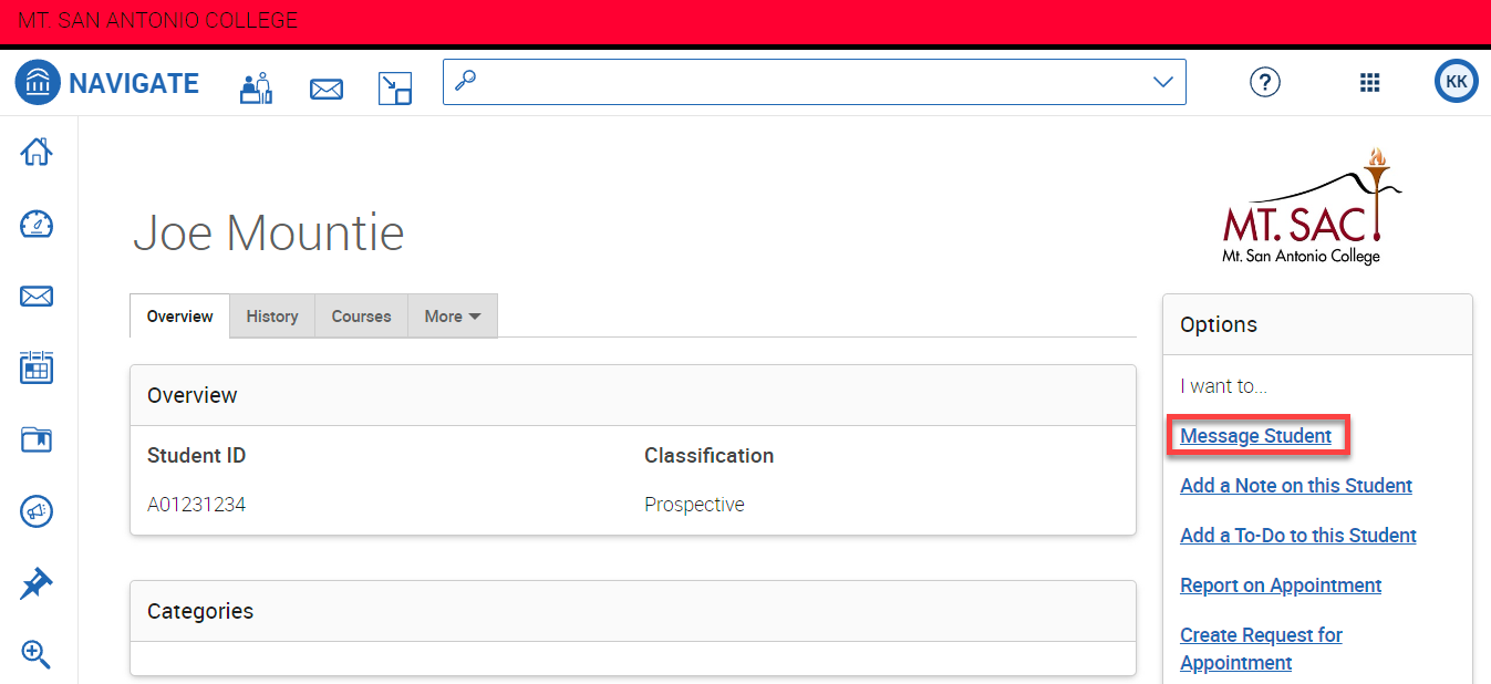 Screenshot of Navigate dashboard the Joe Mountie profile page open and the Message Student link highlighted.