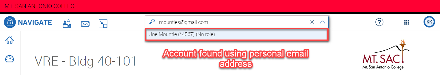 Screenshot showing the search bar in Navigate with Mounties@gmail.com entered and the Joe Mountie result highlighted