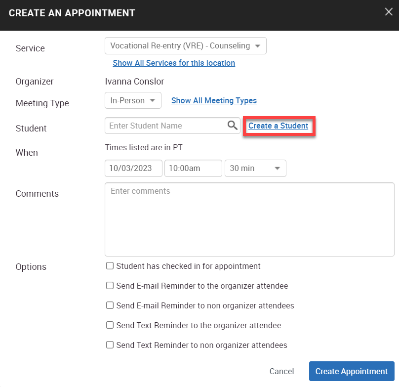 Screenshot showing the Create an Appointment form in Navigate, with the Create a Student link highlighted.