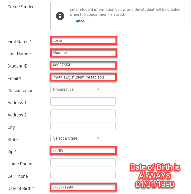 Screenshot showing the expanded Create an Appointment form in Navigate, with the First Name, Last Name, Student ID, Email, Zip, and Date of Birth fields highlighted. Date of Birth is always 01/01/1990 text is added.
