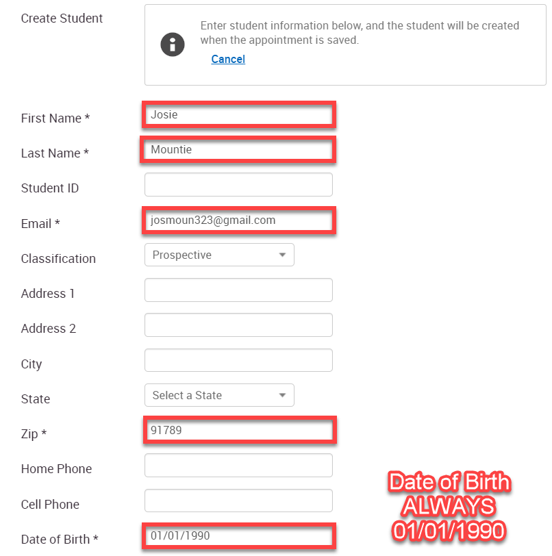 Screenshot showing the expanded Create an Appointment form in Navigate, with the First Name, Last Name, Email, Zip, and Date of Birth fields highlighted. Date of Birth is always 01/01/1990 text is added.