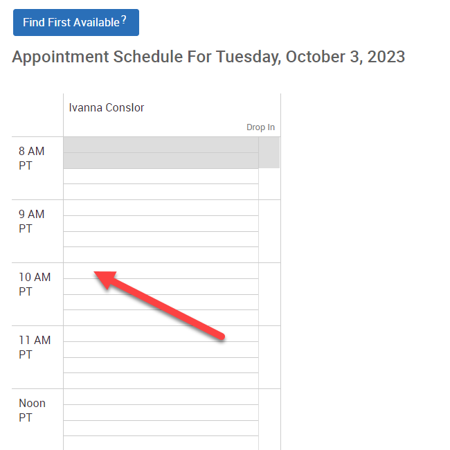 Screenshot showing the schedule of Ivanna in Navigate with an arrow pointing at the 10 AM timeslot.