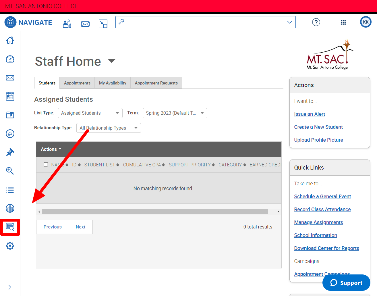 Screenshot of Navigate dashboard with the Reports Icon highlighted and an arrow pointing at it