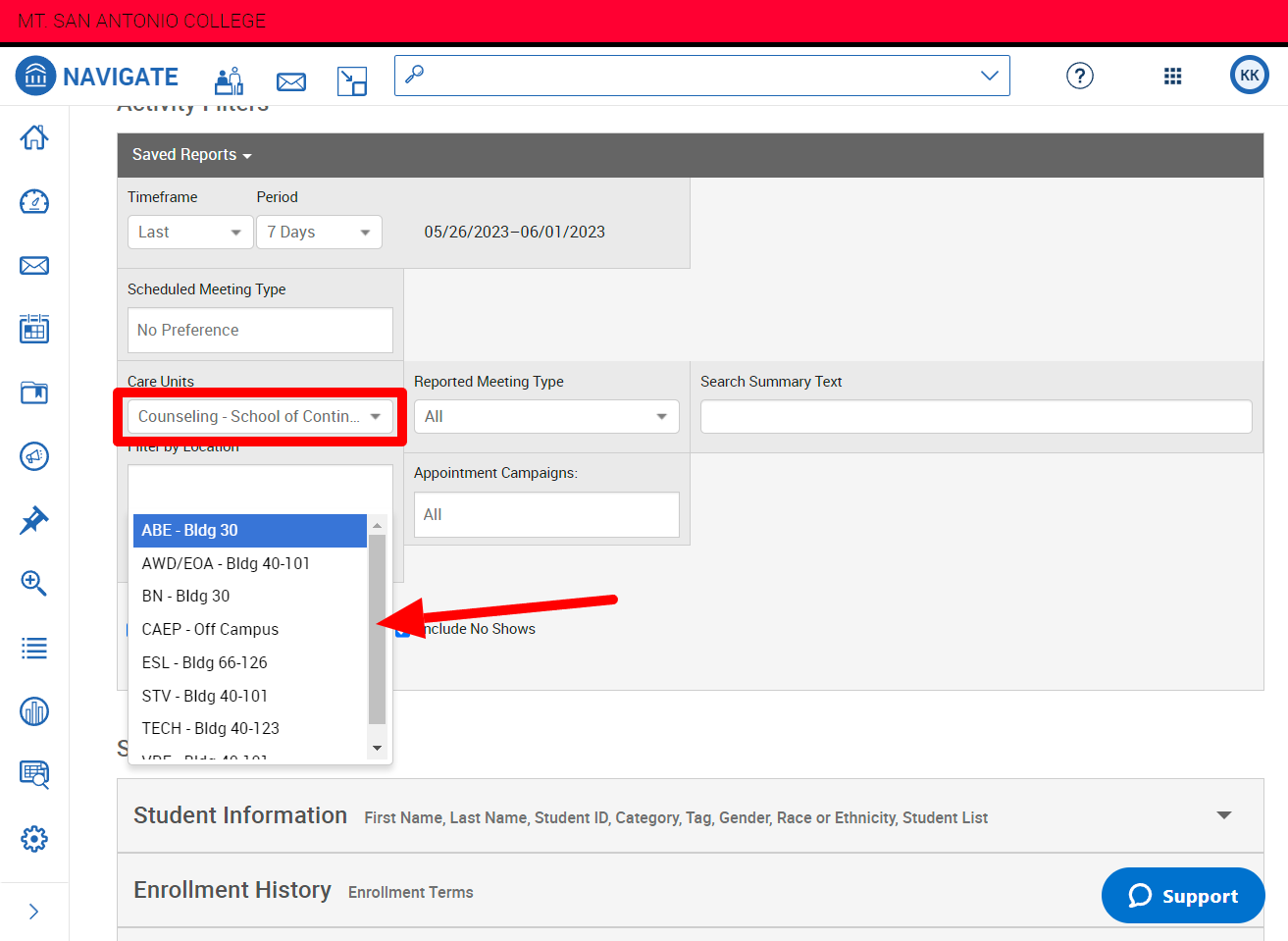 Screenshot of Navigates Appointment Summaries report with the Care Unit and Location filters highlighted.
