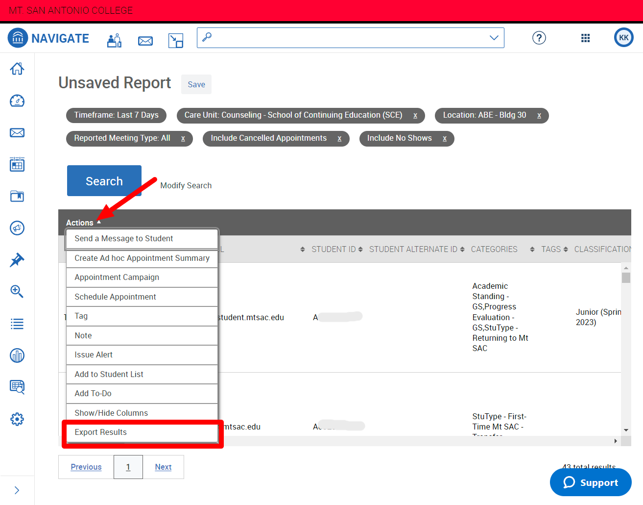 Screenshot of Navigate's Appointment Summaries report results with an arrow pointing at the Actions link and the Export Results button highlighted.