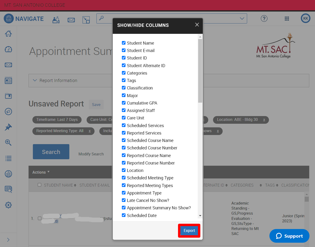 Screenshot of Navigate's report results with the Show/Hide columns menu open