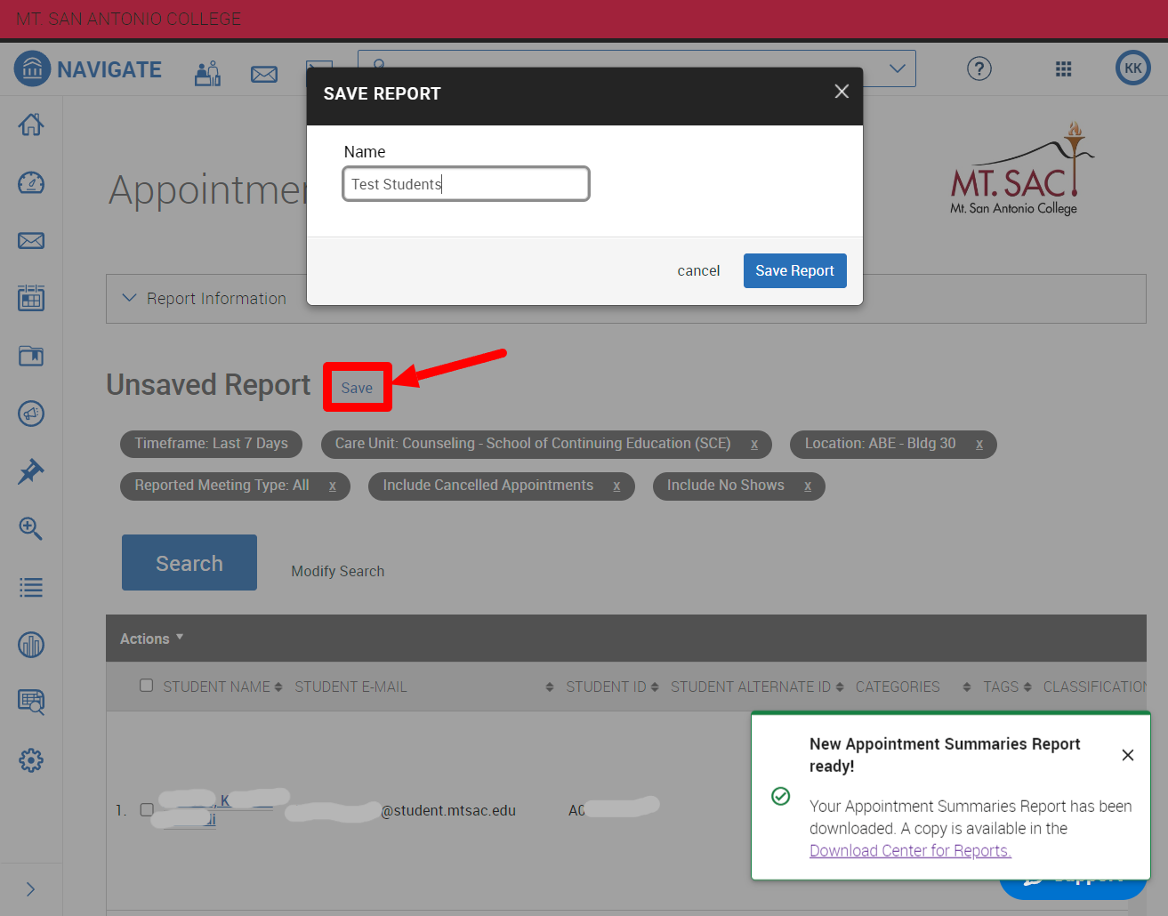 Screenshot of Navigates Report Results dashboard with the Save Report menu open. The Save button is highlighted with an arrow pointed at it.