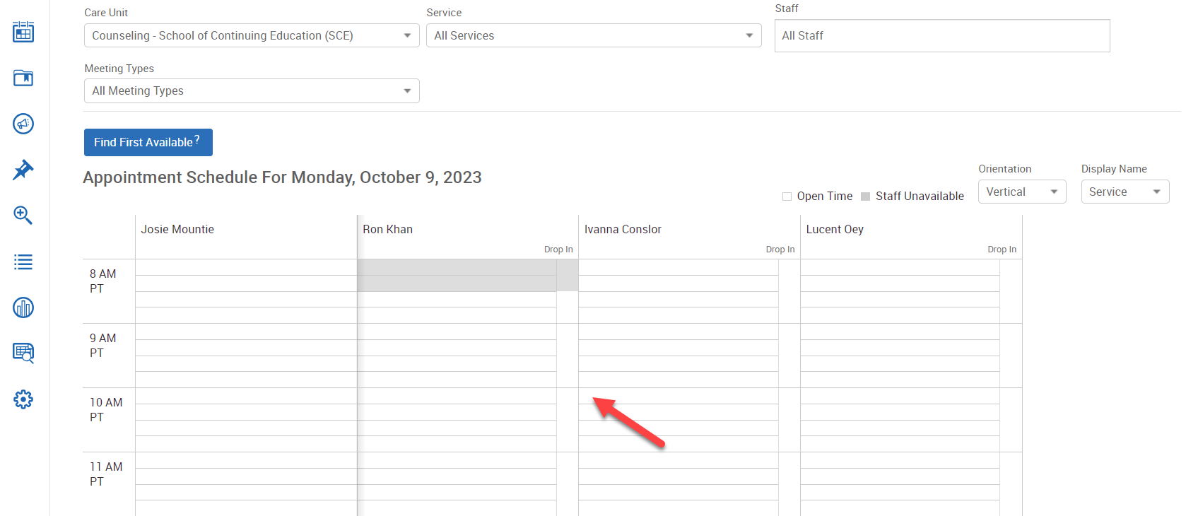 Screenshot of the schedule grid with an arrow pointing at the 10 am time slot in the Ivanna Conslor column