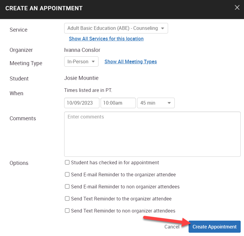 Screenshot of the Create an Appointment menu with the Create Appointment button highlighted