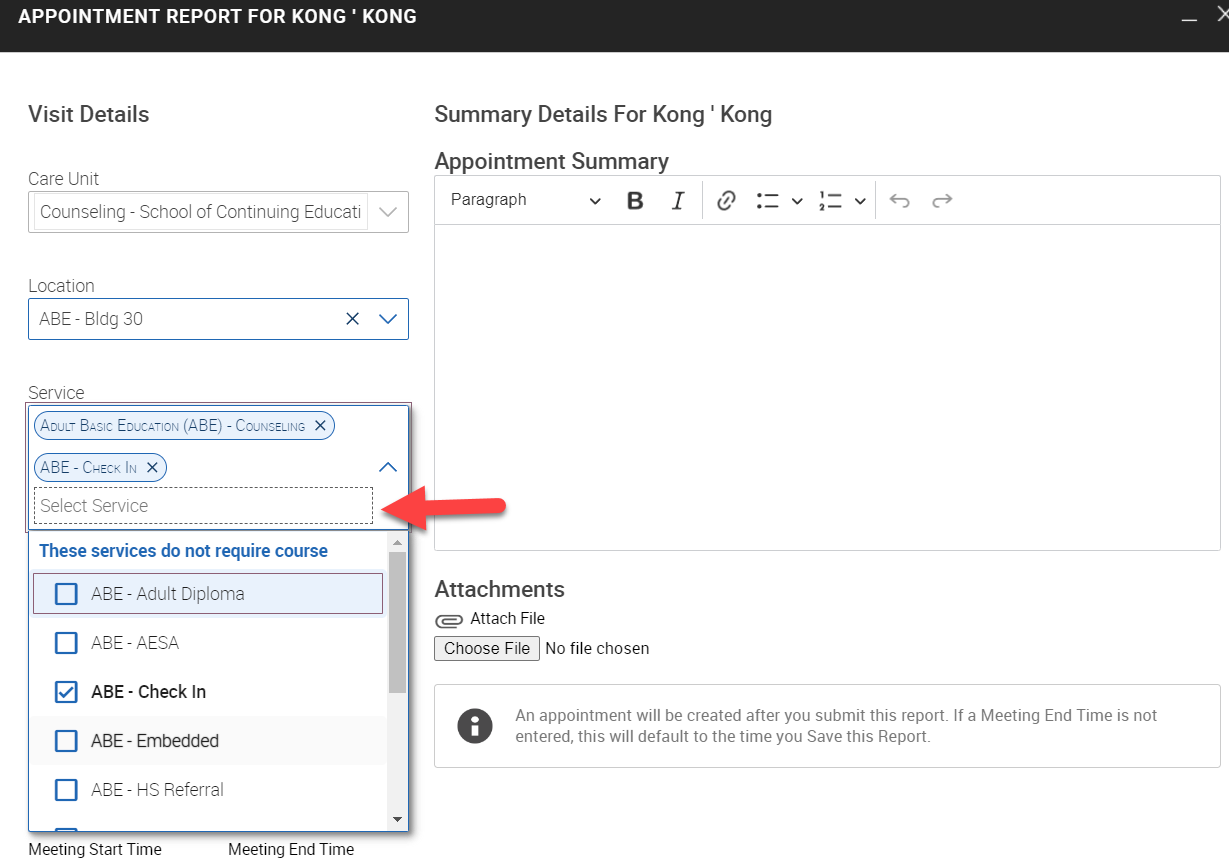 Screenshot of Navigate's Appointment Summary menu with the Services drop-down open and an arrow pointing to it.