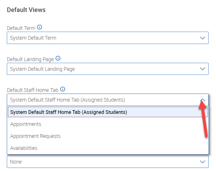 Screenshot of the User Settings Menu in Navigate with an arrow pointing at the Default Staff Home Tab drop-down.