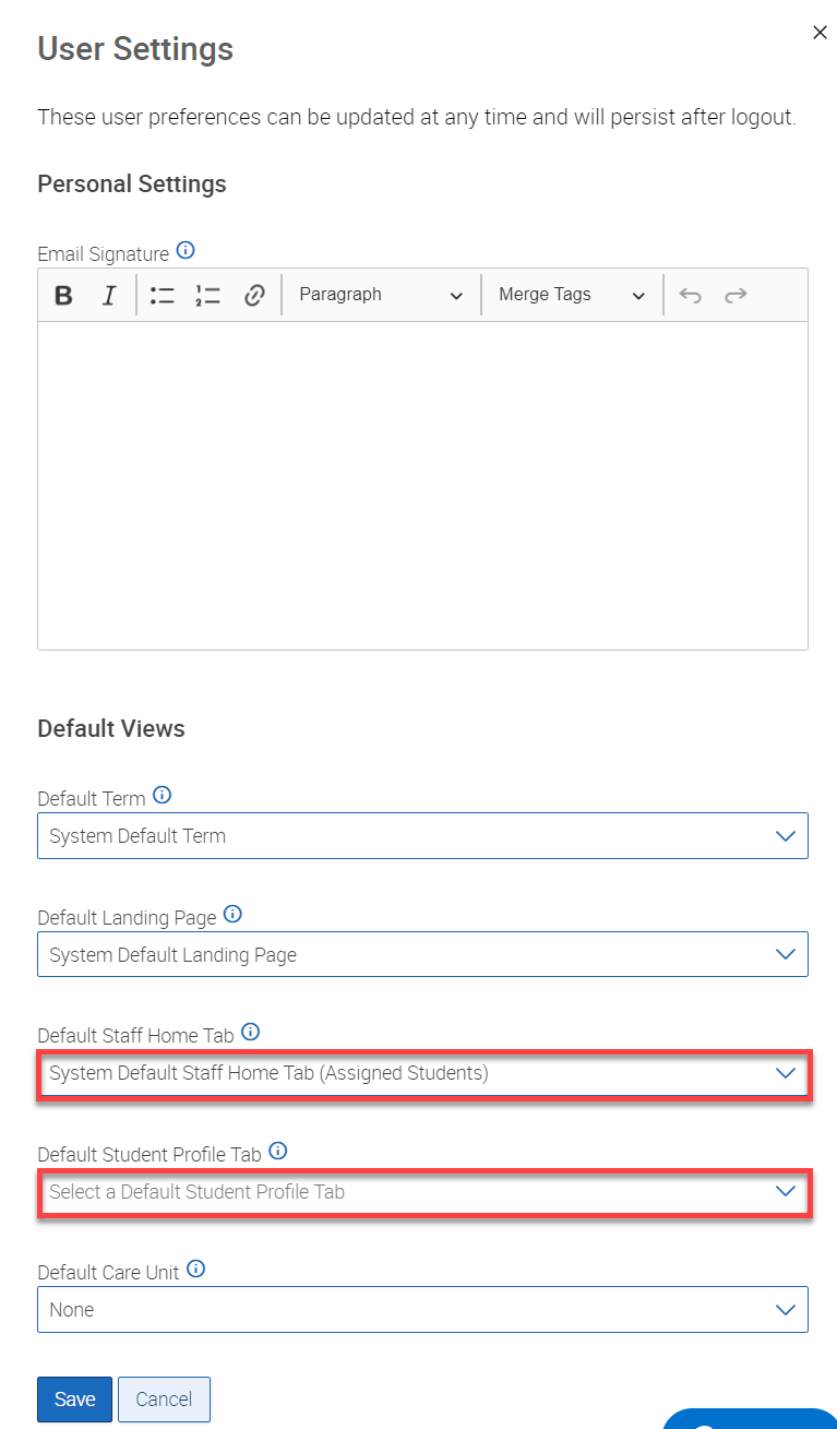 Screenshot of the User Settings menu in Navigate with the Default Staff Home Tab and Default Student Profile Tab highlighted.
