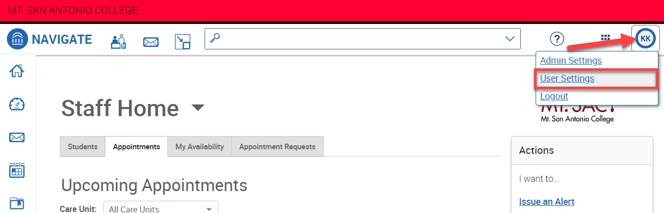 Screenshot of Navigate dashboard with an arrow pointing at the profiel icon and the User Settings link highlighted.