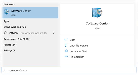 Screenshot of the Windows Start Menu with Software Center typed in